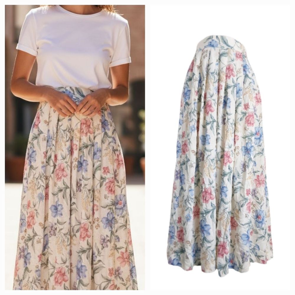 Vintage 80s Jaclyn Smith Floral Pleated Front Midi Skirt Ivory Floral Size 12